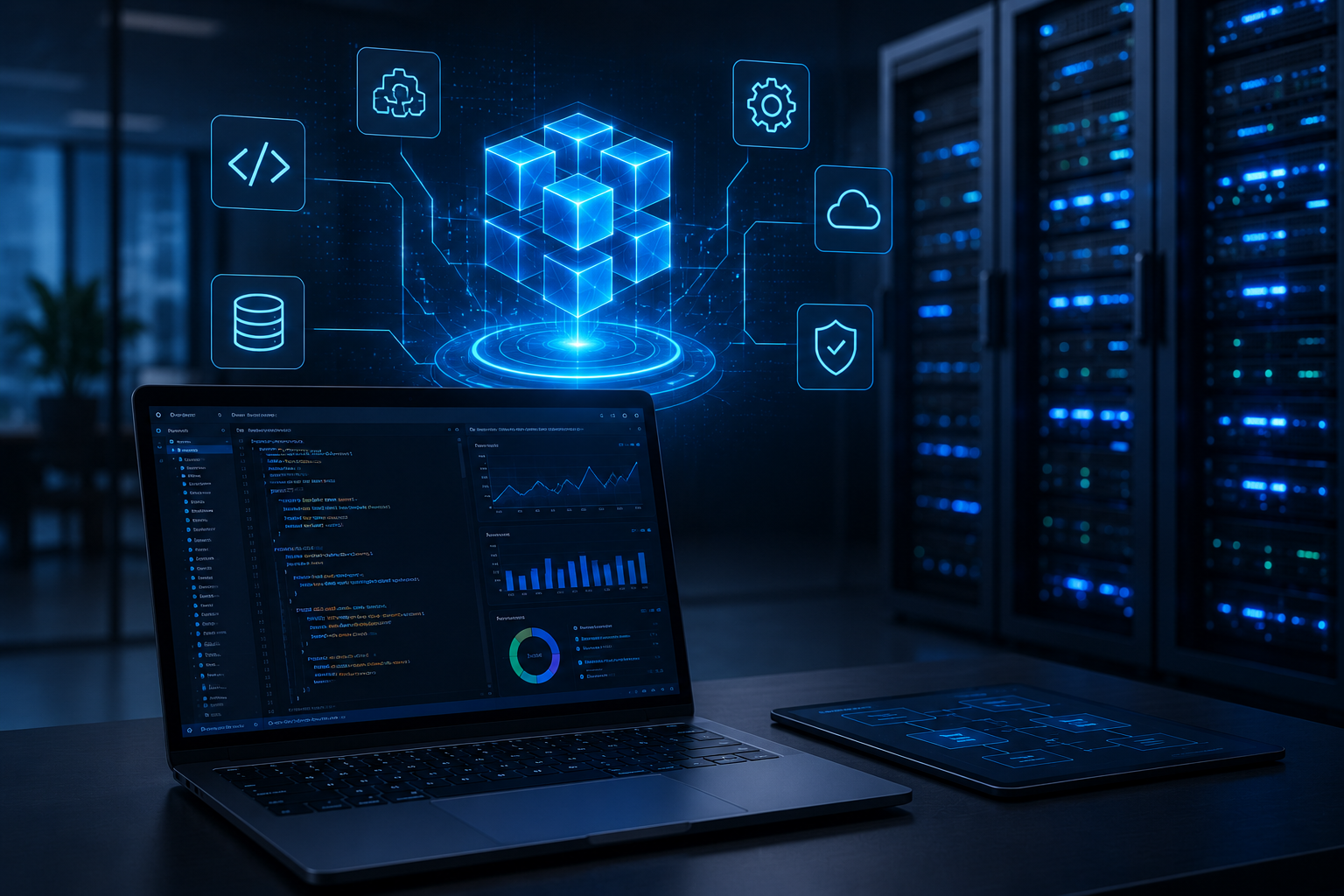Futuristic data centre with digital visuals